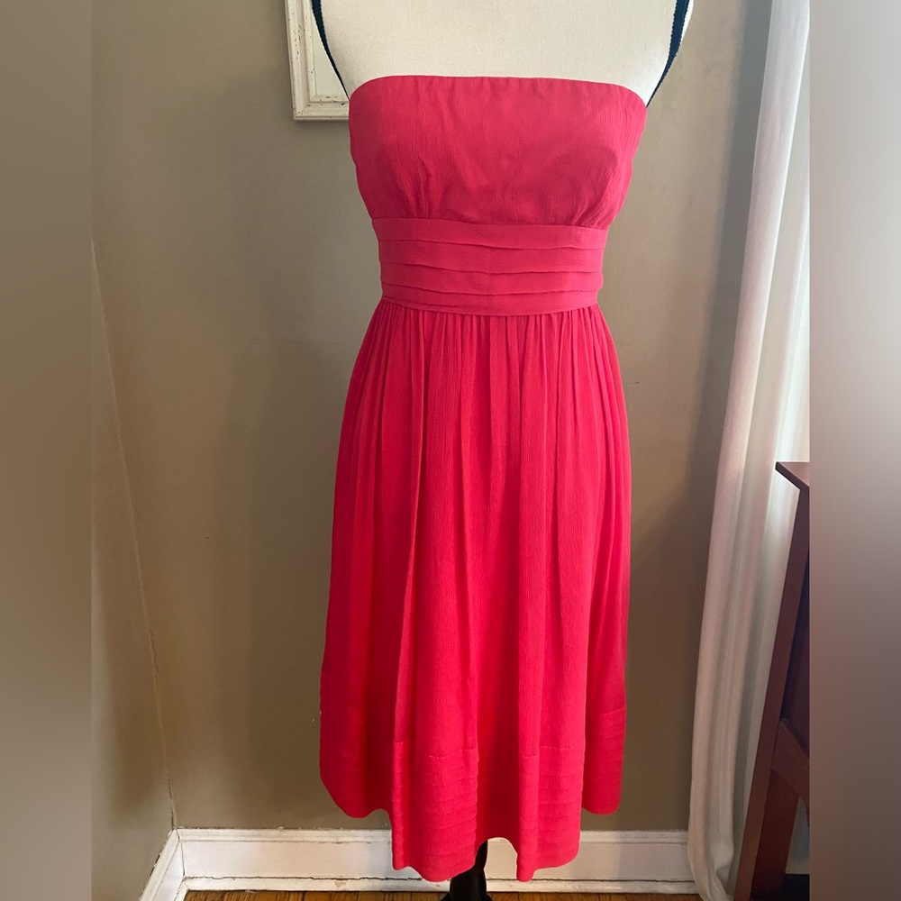 J Crew Elegant Hot Pink Silk Fully Lined Semi-Formal Strapless Midi Dress Size 2